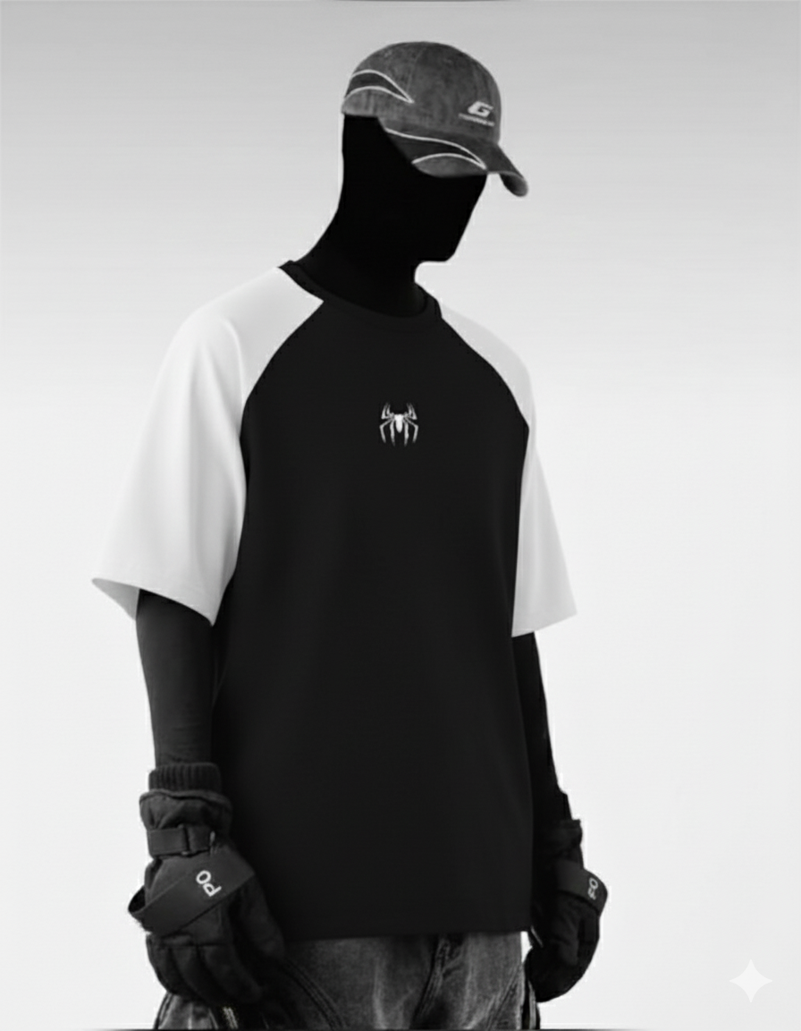 " Miles Morales Spider-Insignia Raglan Tee – Black & White Long Sleeve"